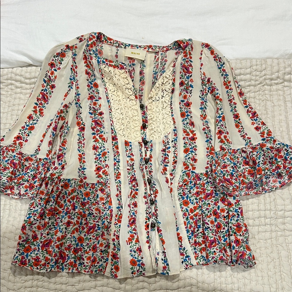 Maeve Cream Floral Blouse with Lace Accent